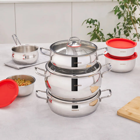 Batterie de cuisine Karaca en acier et récipient de stockage v2, 13 pièces Batterie de cuisine Karaca en acier et récipient de stockage v2, 13 pièces