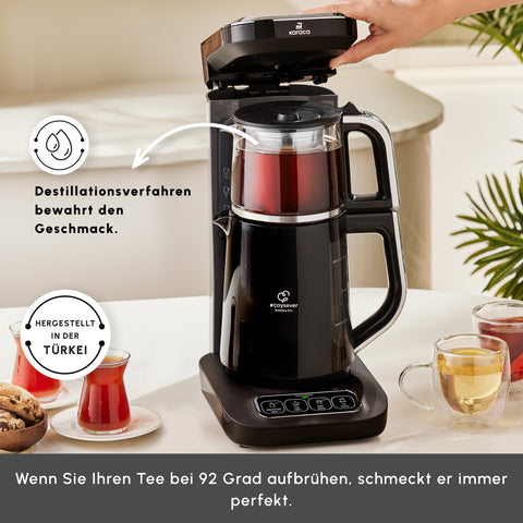 Théière Bouilloire et cafetière filtre Karaca Caysever Robotea Pro 4 en 1 automatique parlant, 2500W, chrome