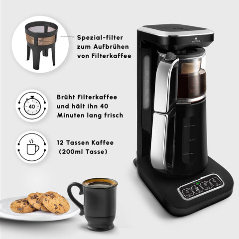 Théière Bouilloire et cafetière filtre Karaca Caysever Robotea Pro 4 en 1 automatique parlant, 2500W, chrome
