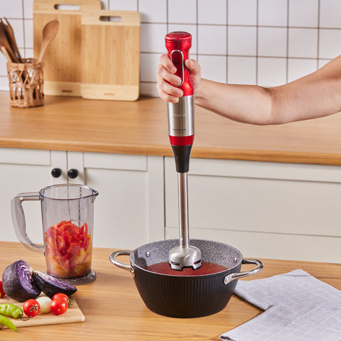 Robot de Cuisine Karaca Mastermaid Prosteel avec Pied Blender Long, 6 Lames, 2500 W Imperial Red