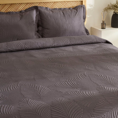Ensemble de Couvre-lit Leaf Anthracite 230x240 cm + 2 Taies (50x70 cm)