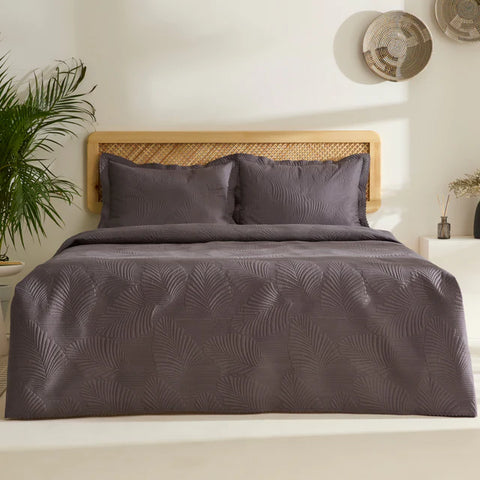 Ensemble de Couvre-lit Leaf Anthracite 230x240 cm + 2 Taies (50x70 cm)
