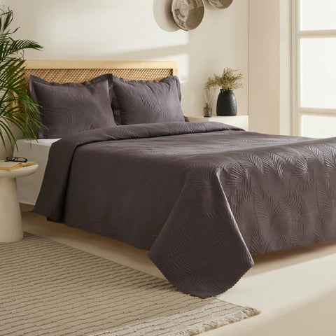 Ensemble de Couvre-lit Leaf Anthracite 230x240 cm + 2 Taies (50x70 cm)