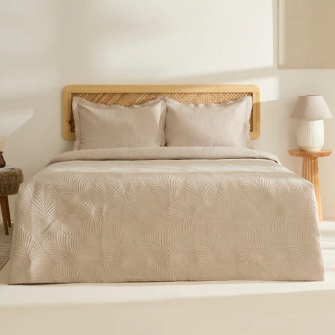 Ensemble Couvre-lit Leaf Beige 230x240 cm + 2 (50x70 cm)