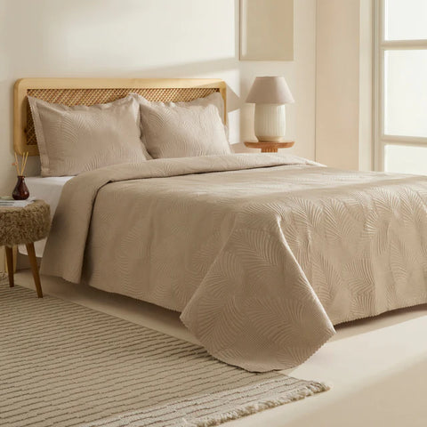 Ensemble Couvre-lit Leaf Beige 230x240 cm + 2 (50x70 cm)