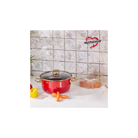 Faitout avec panier Karaca Retro en émail, 22 cm, rouge