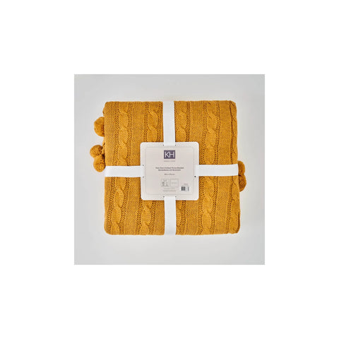 KH OCHRE CABLE KNIT POMPOM THROW THROW