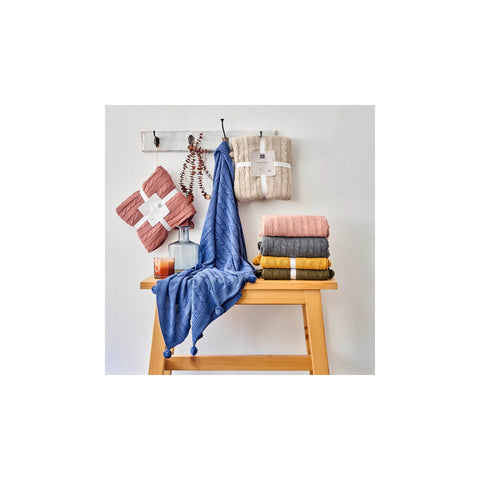 KH OCHRE CABLE KNIT POMPOM THROW THROW