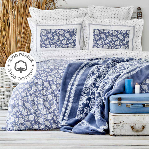 Karaca Home Celerina 100% Coton Ensemble de Housse de Couette Double Ajusté Bleu