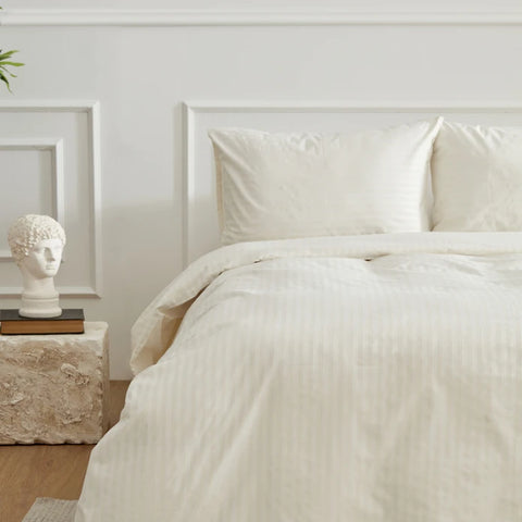 Ensemble de Couette Satinée Karaca Home Josef à Rayures Double, Écru