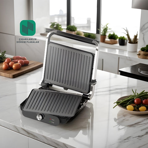 Homend Grilliant 1366H Grille-Pain et Grill avec Plaques en Fonte Amovibles et Corps en Acier Inoxydable