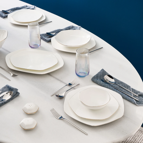 Karaca Fine Pearl Extra Hexagon, Service de Vaisselle 61 pièces pour 12 personnes, Doré