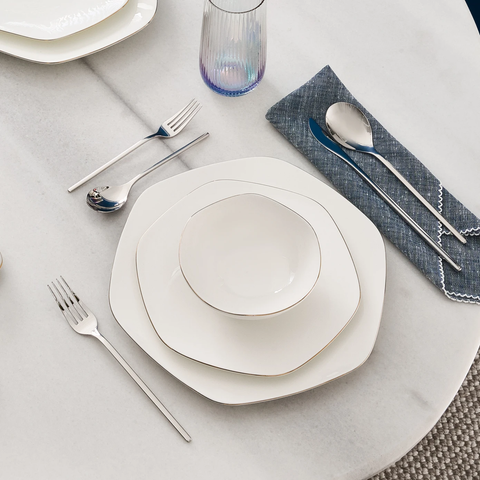 Karaca Fine Pearl Extra Hexagon, Service de Vaisselle 61 pièces pour 12 personnes, Doré