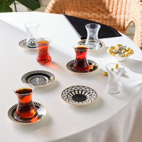 Karaca Helenstik Ensemble de 12 verres à thé, Noir Or