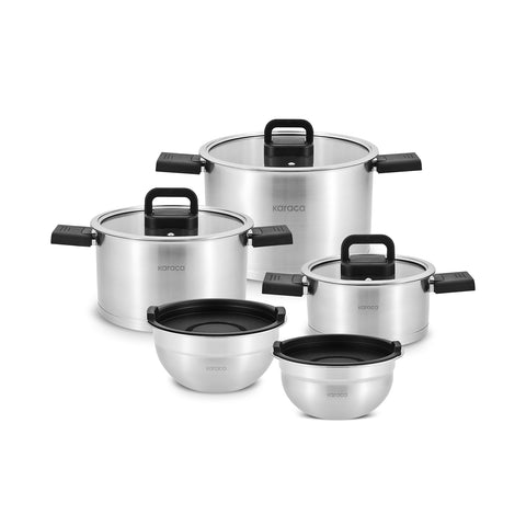 Karaca Aşiyan – Batterie de cuisine 10 pièces en acier inoxydable avec poignées rabattables