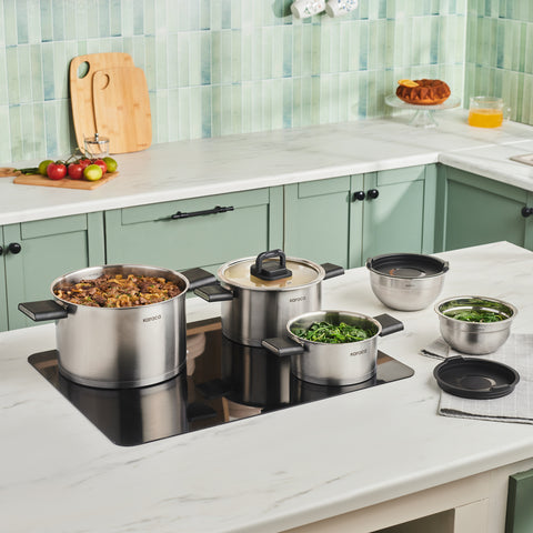 Karaca Aşiyan – Batterie de cuisine 10 pièces en acier inoxydable avec poignées rabattables