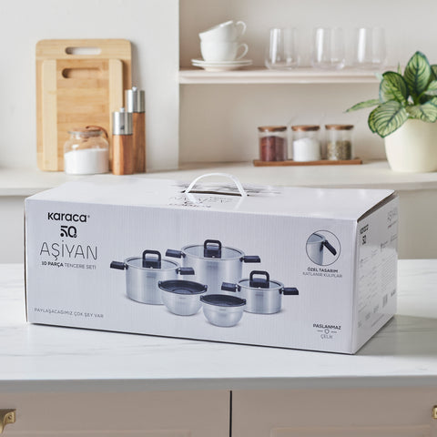 Karaca Aşiyan – Batterie de cuisine 10 pièces en acier inoxydable avec poignées rabattables