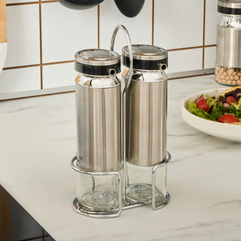Karaca Stellum Ensemble de 3 Bouteilles en Verre pour Huile et Vinaigre, Inox