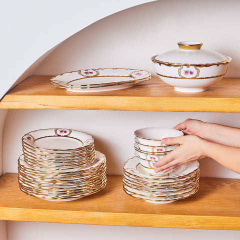 Karaca Royal Bone China Elizabeth Service de Table 55 Pièces pour 12 Personnes, Or