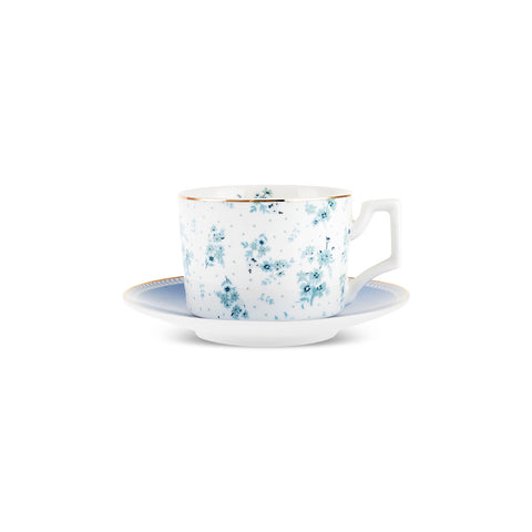 Karaca Jardin Service de Tasses à Thé et Sous-Tasses en Bone China, 4 Pièces, pour 2 Personnes, 230 ml, Bleu