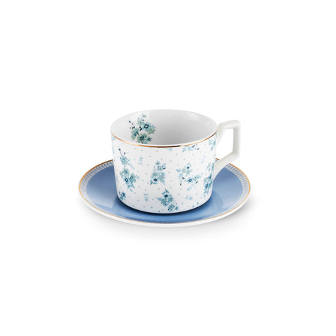 Karaca Jardin Service de Tasses à Thé et Sous-Tasses en Bone China, 4 Pièces, pour 2 Personnes, 230 ml, Bleu