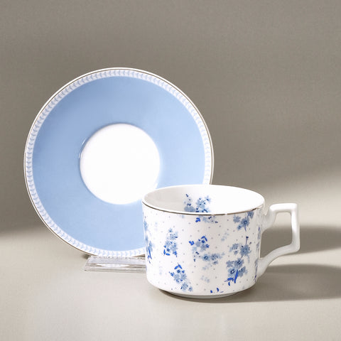 Karaca Jardin Service de Tasses à Thé et Sous-Tasses en Bone China, 4 Pièces, pour 2 Personnes, 230 ml, Bleu