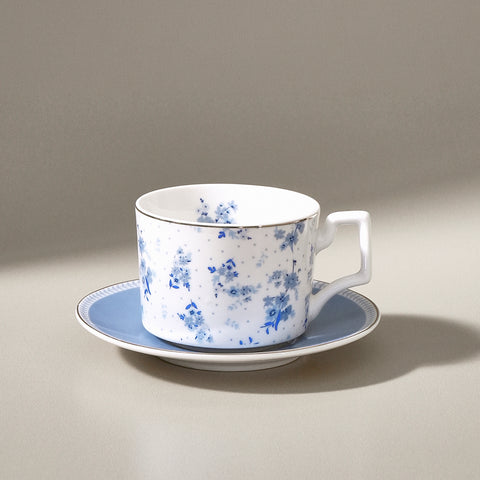 Karaca Jardin Service de Tasses à Thé et Sous-Tasses en Bone China, 4 Pièces, pour 2 Personnes, 230 ml, Bleu