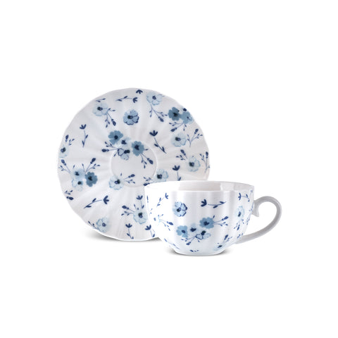 Karaca Blossom Service de Tasses à Thé et Sous-Tasses en Bone China, 12 Pièces, pour 6 Personnes, 220 ml, Bleu