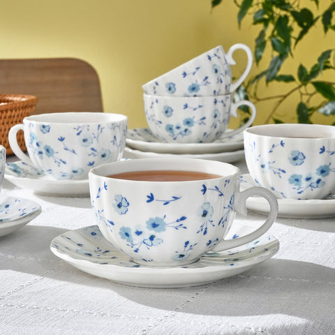Karaca Blossom Service de Tasses à Thé et Sous-Tasses en Bone China, 12 Pièces, pour 6 Personnes, 220 ml, Bleu