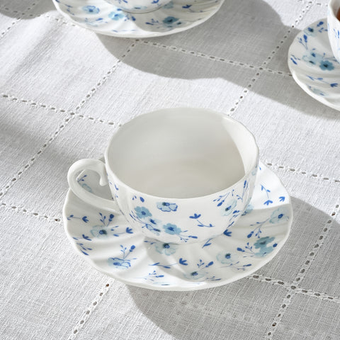 Karaca Blossom Service de Tasses à Thé et Sous-Tasses en Bone China, 12 Pièces, pour 6 Personnes, 220 ml, Bleu