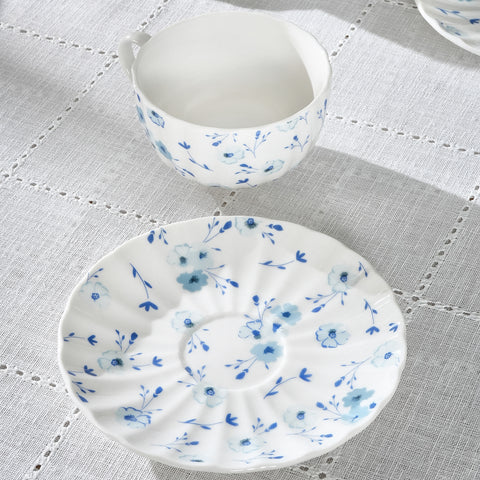 Karaca Blossom Service de Tasses à Thé et Sous-Tasses en Bone China, 12 Pièces, pour 6 Personnes, 220 ml, Bleu