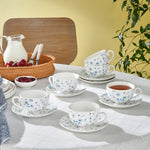 Karaca Blossom Service de Tasses à Thé et Sous-Tasses en Bone China, 12 Pièces, pour 6 Personnes, 220 ml, Bleu