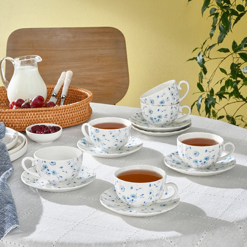 Karaca Blossom Service de Tasses à Thé et Sous-Tasses en Bone China, 12 Pièces, pour 6 Personnes, 220 ml, Bleu