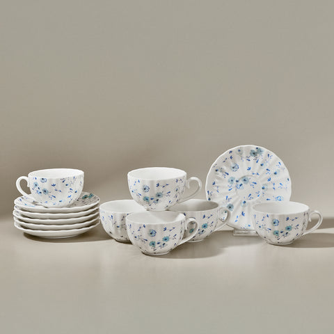 Karaca Blossom Service de Tasses à Thé et Sous-Tasses en Bone China, 12 Pièces, pour 6 Personnes, 220 ml, Bleu