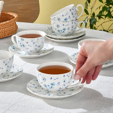Karaca Blossom Service de Tasses à Thé et Sous-Tasses en Bone China, 12 Pièces, pour 6 Personnes, 220 ml, Bleu