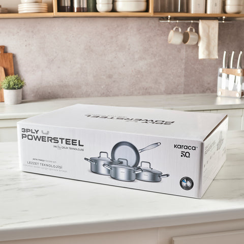 Karaca Power Steel 316+ 3 Ply Akita Batterie de Cuisine en Acier Inoxydable 7 Pièces avec Base Compatible Induction