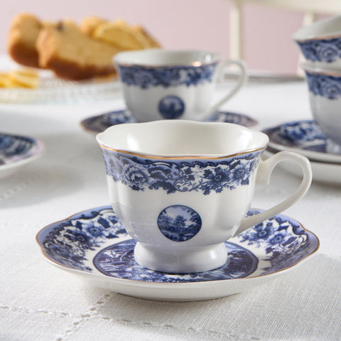 Karaca Old Town Service de 12 Tasses à Espresso et Café Turc en Bone China pour 6 Personnes, 80 ml, Bleu