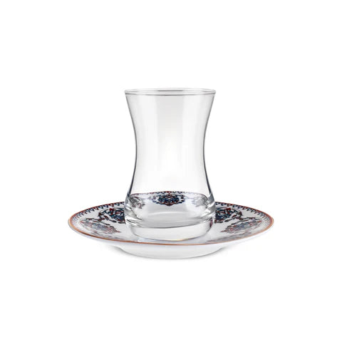 Service à Thé Turc Karaca Nakkas 12 Pièces en Bone China pour 6 Personnes, 130 ml, Rouge