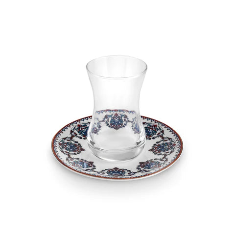 Service à Thé Turc Karaca Nakkas 12 Pièces en Bone China pour 6 Personnes, 130 ml, Rouge