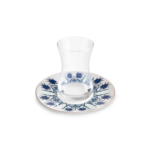 Service à Thé Turc Karaca Iznik 12 Pièces en Bone China pour 6 Personnes, 130 ml, Bleu