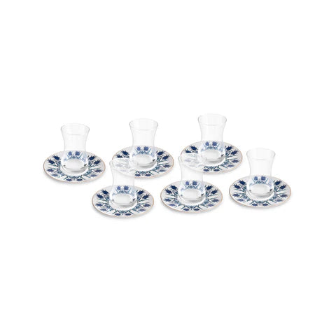 Service à Thé Turc Karaca Iznik 12 Pièces en Bone China pour 6 Personnes, 130 ml, Bleu