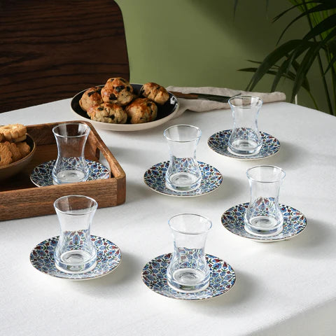 Service à Thé Turc Karaca Emirgan 12 Pièces en Bone China pour 6 Personnes, 130 ml, Multicolore
