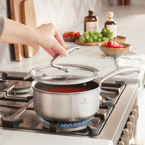 Karaca 5Ply PowerSteel 316+ Casserole à manche en acier inoxydable compatible induction, 18 cm, argentée
