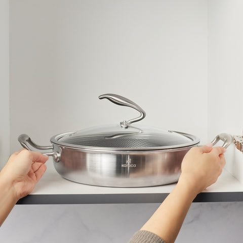 Karaca 5Ply PowerSteel 316+ Faitout bas en acier inoxydable avec couvercle, 28 cm, argent