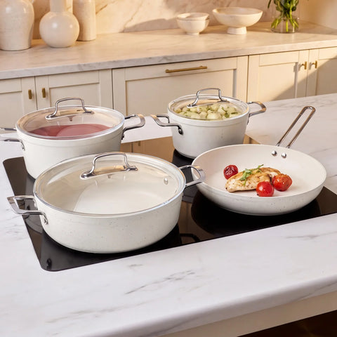 Karaca Granite Whitestone Set de 7 pièces de casseroles et poêles antiadhésives compatibles avec l’induction, Blanc