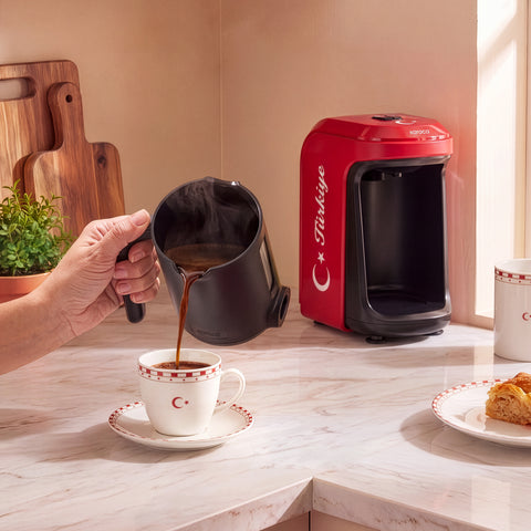 Karaca Hatır Hüps Türkiye – Machine à café turc avec fonction lait, 5 tasses, avec hymne national, rouge drapeau