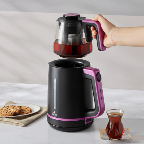 Théière en verre avec panier et bouilloire Karaca Maxi Tea XL 2 en 1, couleur framboise