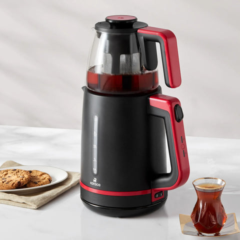 Théière en verre avec panier et bouilloire Karaca Maxi Tea XL 2 en 1, couleur cranberry
