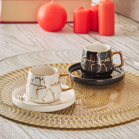 Coffret de tasses à café Karaca Marble pour 2 personnes, 80 ml, noir et blanc