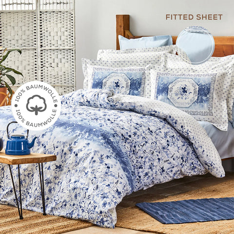Parure de lit Karaca Home Amelia avec drap housse élastique et housse de couette 100 % coton pour lit simple, bleu